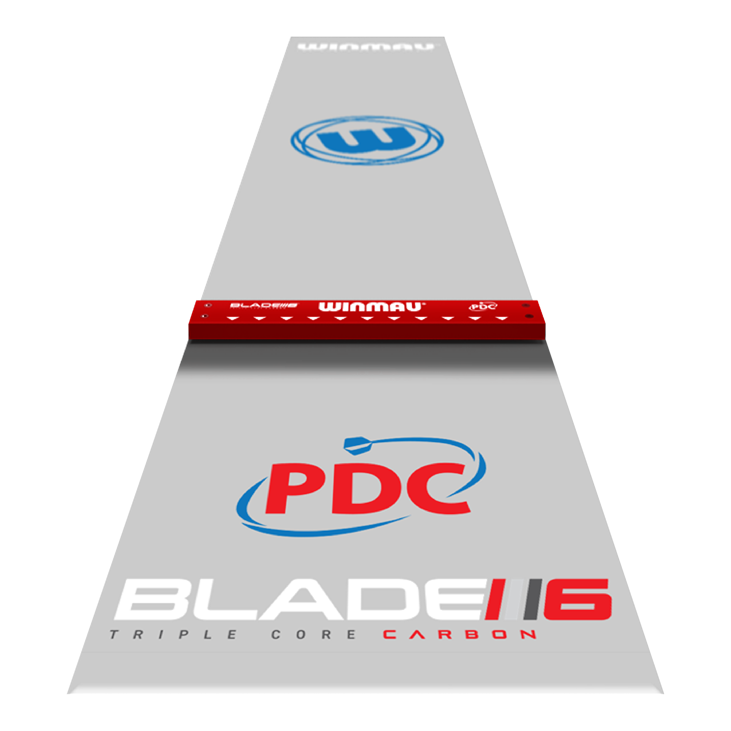Das Bild zeigt die „Winmau Clearzone PVC Dartmatte mit Oche“ in grau mit farbigen Logos und Markierungen. In der Mitte befindet sich eine rote Abwurflinie (Oche) mit dem Winmau-Schriftzug.